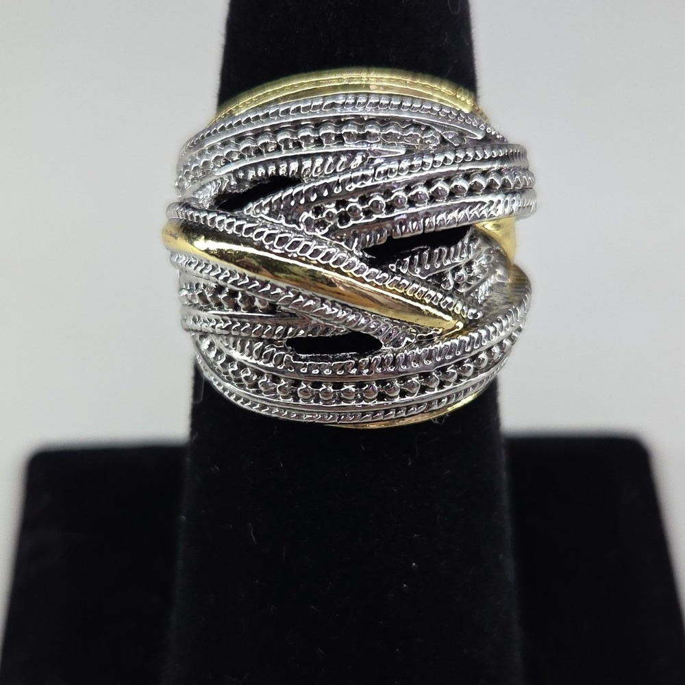 Two Tone Woven Statement Ring Silver & Gold Tones Mixed Metal Look Band Size 7.5